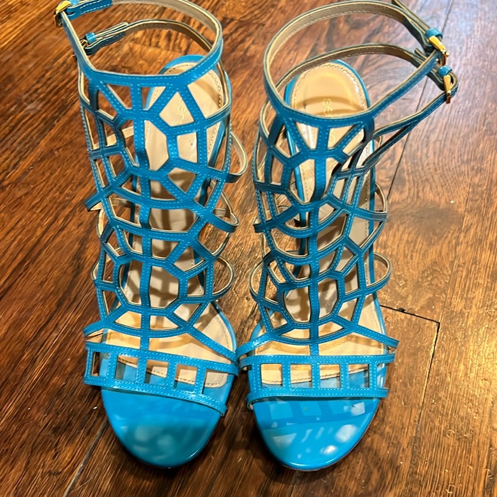 Sergio Rossi blue spider web heels
